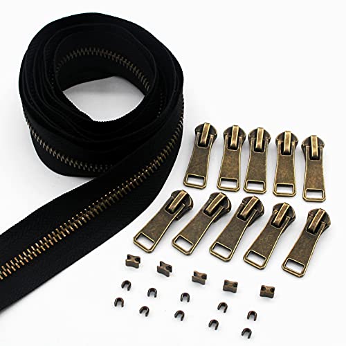 #5 Antique Brass Metal Zippers by The Yard Bulk 2 Yards Black Tape with 10 pcs Sliders Handmade Zipper for Sewing Craft Bag Backpack, Wallets, Purses Leekayer - color: Antique brass