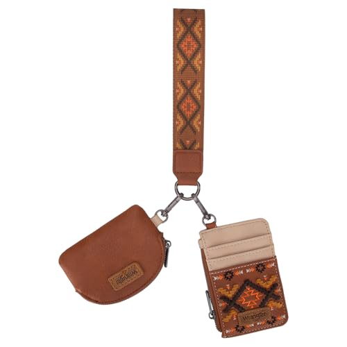 Wrangler Western Keychain Wristlet Wallets for Women Retro Dual Pouch Wristlet Credit Card Holder Wallet with Zipper Pocket WG2214-W0051BR - color: Aztec-Brown
