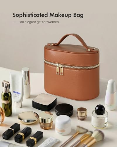 Prite 2 Pcs Makeup Bag Set Travel Cosmetic Case with Clear Pouch for Women | Removable Divider, Vanity Case, Waterproof, Vegan Leather, Elastic Slot, Dual Zipper, Structured, Easy Clean - color: Brown