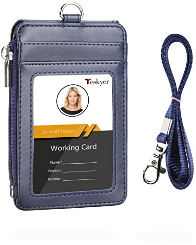 Teskyer Leather ID Badge Holder with Lanyard, Lanyard Wallet, Blue - color: Blue, size: 3.1" x 4.7"