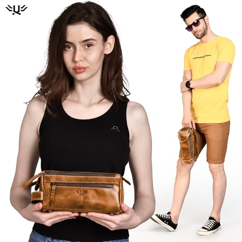 Premium Handmade Genuine Leather Toiletry Bag for Men & Women, Dopp Kit & Shaving Travel Organizer, Cosmetic Wash Bag with Zipper Pocket Travel Pouch, Gift for Him & Her - Tan Brown - color: Tan (Large)