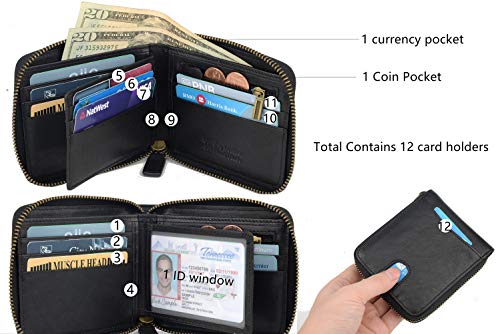 Genuine Leather Zipper Wallet With Coin Pocket, RFID Blocking Zip Around Front Pocket Bifold Wallet, Gift for Men - color: Black
