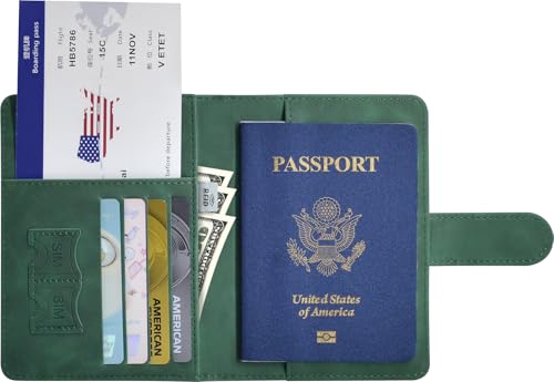 Passport Holder, Passport Cover with Credit Card Slot and Boarding Pass Slot Combo, Passport Wallet Case Book Travel Must Have, RFID Blocking Leather Travel Accessories, Green - color: Green