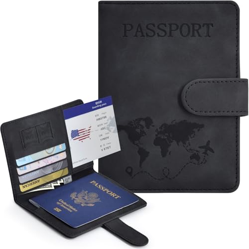 Passport Holder, Passport Cover with Credit Card Slot and Boarding Pass Slot Combo, Passport Wallet Case Book Travel Must Have, RFID Blocking Leather Travel Accessories, Black - color: Black