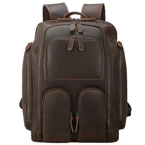 Masa Kawa Vintage Leather 16 Inch Laptop Travel Backpack Bag for Men, Brown | Luggage Strap, Bottle Holder, Multi Pockets, Computer Compartment, Camera Lens Sleeve, Overnight Weekend Trip Camping Daypack