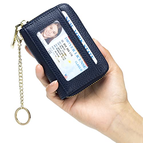 imeetu Rfid Credit Card Holder, Businese Card Case, Wallet for Women Men | Genuine Leather Card Wallet with id Window, Keychain & Double Zipper, Water-resistan Small Wallet with Gift Box, Daily Travel - color: Pro - Dark blue