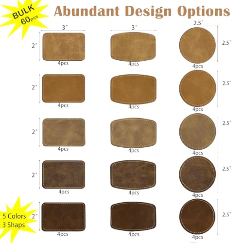 60pcs Blank Patches for Laser Engraving & Iron On | PU Leather Repair Patches | Khaki & Brown 5 Colors 3 Shapes | Fix Hats, Jeans, Backpacks, Bags, Jackets | DIY Crafters & Designers - color: Small Size 5 Colors, size: 60 pcs