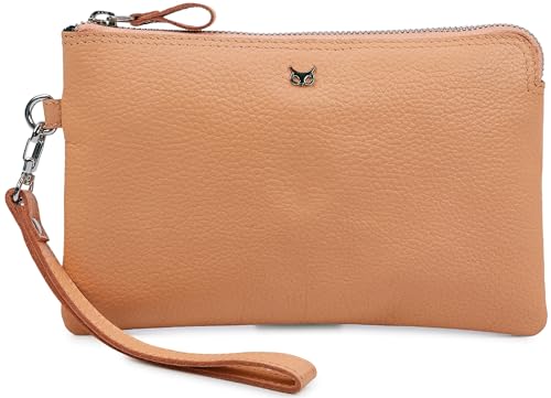 Leather Wristlet Wallet for Women Clutch Handbag Purse with Cell Phone Slot | Genuine Top Grain Leather, 8 Credit Card Slots, Detachable Strap, YKK Zipper, Gifts for Women - color: Peach Nappa