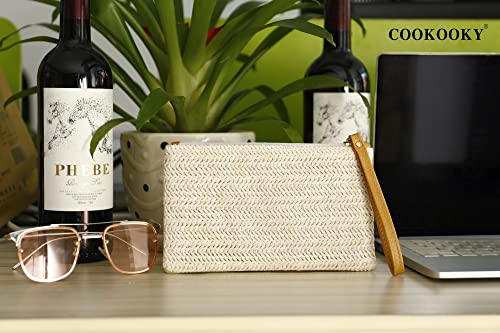COOKOOKY Womens Straw Clutch Bag Bohemian Summer Beach Straw Purse Zipper Wristlet Wallets for Women - color: Beige-white
