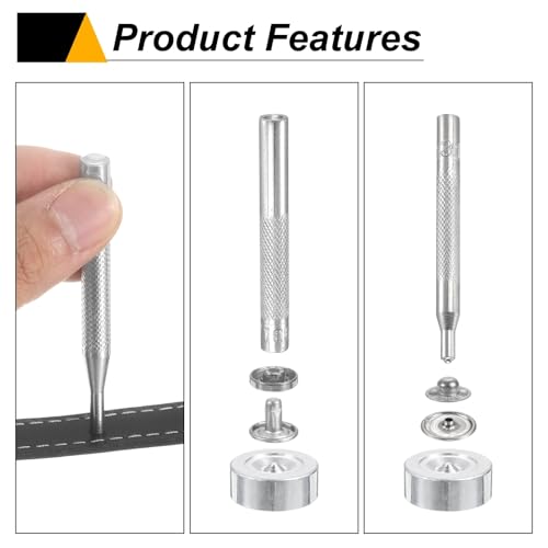 HARFINGTON 24Set Leather Snaps Fasteners Kit 17mm Dia Brass Press-Stud Cap Button 2.76" Length Metal Snap Buttons with 4 Install Tools for Coat Bag Leather Marine Boat Canvas, Silver - color: Silver, size: 17mm
