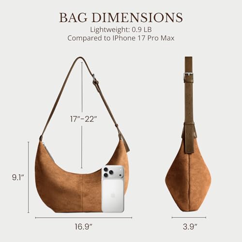 Suede Crescent Crossbody Bag for Women, Hobo Shoulder Purse | Soft faux suede with zipper closure, ideal for everyday use, work, travel, and casual outfits - color: Brown