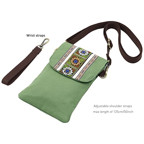 SILKAREA Vintage Embroidered Canvas Flip Small Crossbody Bag Cell Phone Pouch for Women Wristlet Wallet Bag Coin Purse - color: Dark Green