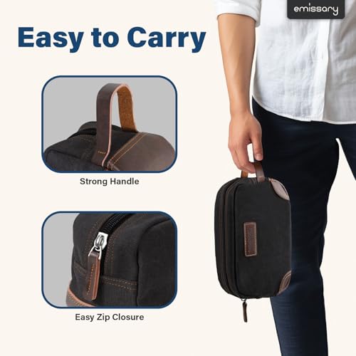 emissary Men's Toiletry Bag, Leather and Canvas Travel Toiletry Bag, Dopp Kit for Men, Travel Bathroom Bag Men's Shaving Kit, Travel Kit Small Bags for Men, Shaving Bag for Travel Accessories (Black) | Durable canvas & PU leather, water-resistant lining,