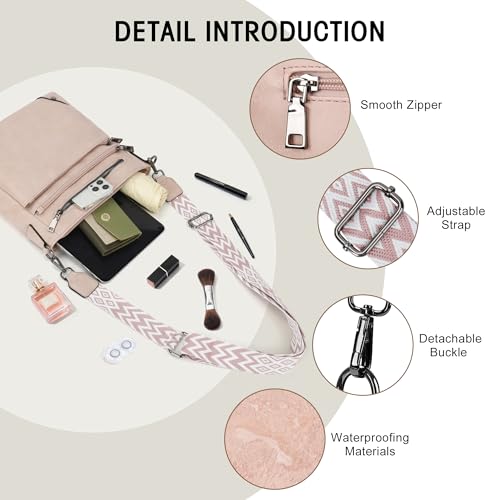 TANTOMI Crossbody Bag for Women PU Leather Travel Purse | Trendy Women's Shoulder Handbags, Comfort Adjustable Wide Strap, Water-Resistant, Multi Pockets for Daily Use & Travel - color: Dusty Pink