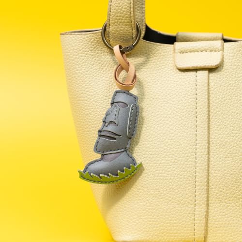 Travel Icon Leather Charm Keychain - Hand-Sewn Bag Charm for Car, Backpack Decoration, Gift for Women Men Kids - color: Moai