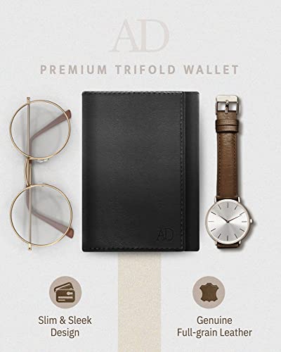 Trifold Wallets for Men - Slim RFID Blocking Wallet for Securing Personal Data - Front Pocket Friendly Genuine Leather Wallet - Mens Wallets Trifold with ID Window - Tri Fold Wallet Gifts for Men - color: Black