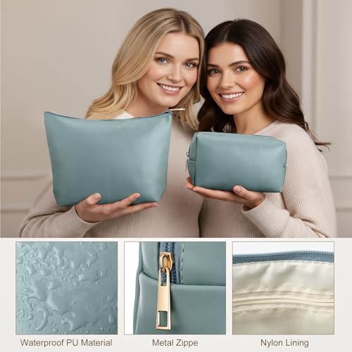 Kigeli 3 Piece Leather Makeup Bag Set Graduation Women Gifts PU Leather Makeup Toiletry Bag Bridesmaid Cosmetic Pouch Small Aesthetic Travel Purse for Wedding Birthday Women Gifts(Blue) - color: blue