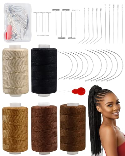 FIVEIZERO 5 Rolls Hair Extension Thread with 30 PCS T/C/J/I Needles Using,5 Colors Hair Weave Threads,Sew in Needle and Thread for Hair Extensions,Hand Sewing,Making Wigs DIY-750yd | 5 Rolls Hair Thread;4-ply polyester weaving thread;Hair Weave Threads fo