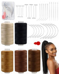FIVEIZERO 5 Rolls Hair Extension Thread with 30 PCS T/C/J/I Needles Using,5 Colors Hair Weave Threads,Sew in Needle and Thread for Hair Extensions,Hand Sewing,Making Wigs DIY-750yd | 5 Rolls Hair Thread;4-ply polyester weaving thread;Hair Weave Threads fo