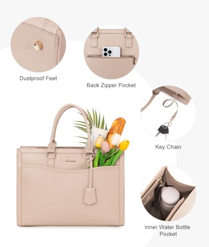 LOVEVOOK Laptop Tote Bag for Women, Large Work Computer Bag with Cup Holder - color: Leather/Apricot, size: 15.6 Inch