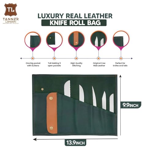 Leather Roll Bag, Full Grain Cowhide Tool Organizer, 35.3 x 25.1 cm, Green and Tan, Multi-Purpose with 5 Slots for Knives and Tools (Green) - color: Green