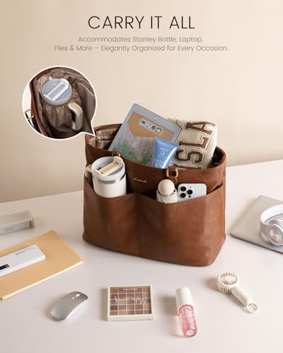 LOVEVOOK Work Tote Bag for Women with Floral Charm, Vintage Leather 15.6 Inch Laptop Bag with Large Cup Holder, Teacher Nurse Medical Professional Computer Bag, Office Briefcase Handbag Gift - color: Brown, size: 15.6 Inch-With Charm