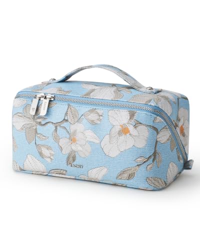 EACHY Makeup Bag, Waterproof PU Leather Travel Toiletry Bag for Women, 180° Wide-Open Flat Cosmetic Bag, Large Capacity Makeup Pouch with Divider and Handle - color: CH-Blue Large Floral, size: Medium