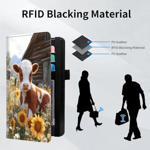 Checkbook Cover for Women and Men, RFID Blocking PU Leather Checkbook Holder Wallet Case with Elastic Strap & Multiple Card Slots, for Checks and Cards, Calf Sunflower Field - color: Calf Sunflower Field
