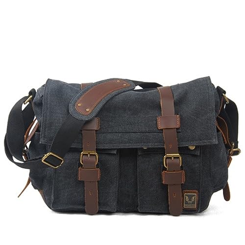 Canvas Messenger Bag, Vintage Genuine Leather Shoulder Bag, Briefcase Crossbody Satchel Purse Laptop Bag Medium | Vintage - color: Charcoal Black