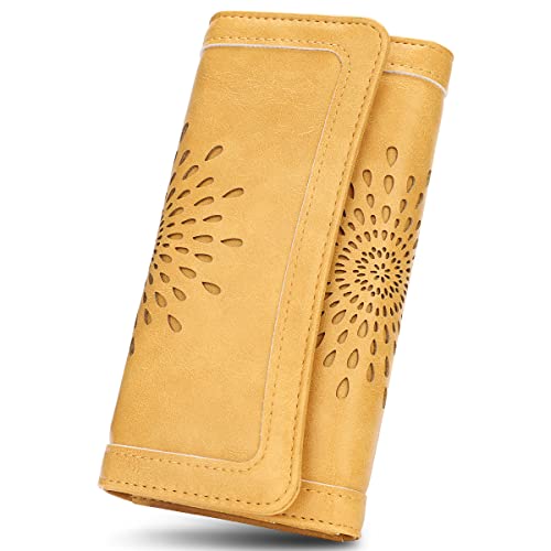 APHISON Womens Wallets RFID Blocking Leather Clutch Long Wallet for Women Card Holder Phone Organizer Ladies Travel Purse Hollow Out Sunflower Design Gift - color: YELLOW
