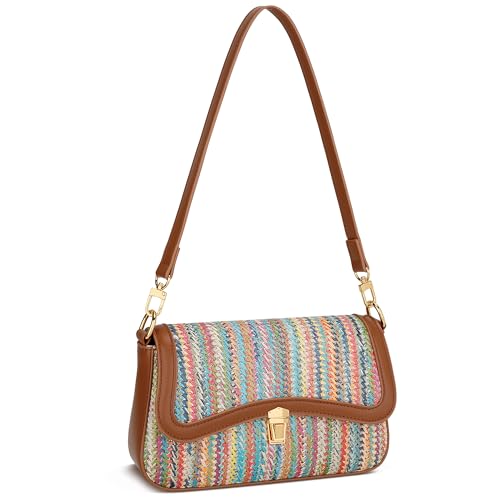 KKXIU Small Shoulder Bag for Women Cute Hobo Handbags Mini Clutch Purses | Classic Trendy Retro Underarm Crossbody Bag with Detachable Straps, Zipper Closure - color: Straw Weave-colorful