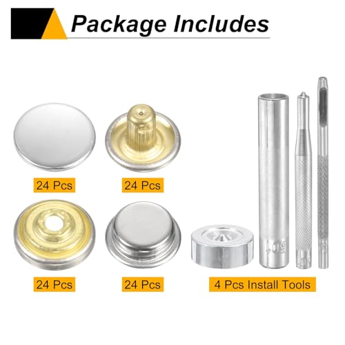 HARFINGTON 24Set Leather Snaps Fasteners Kit 15mm Dia Brass Press-Stud Cap Button 2.95" Length Metal Snap Buttons with 4 Install Tools for Coat Bag Leather Marine Boat Canvas, Silver - color: Silver, size: 15mm