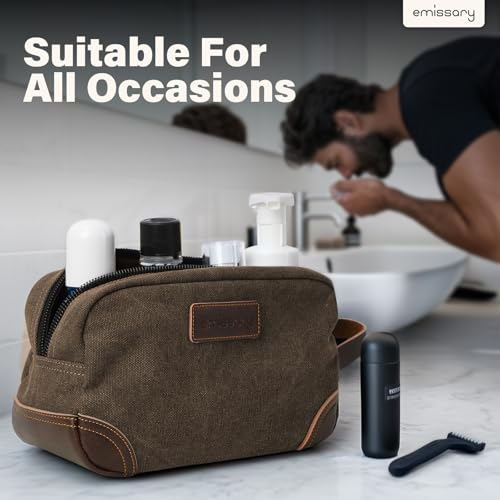 emissary Men's Toiletry Bag, Leather and Canvas Travel Toiletry Bag, Dopp Kit for Men, Travel Bathroom Bag Men's Shaving Kit, Travel Kit Small Bags for Men, Shaving Bag for Travel Accessories (Coffee) | Durable canvas & PU leather, water-resistant lining,