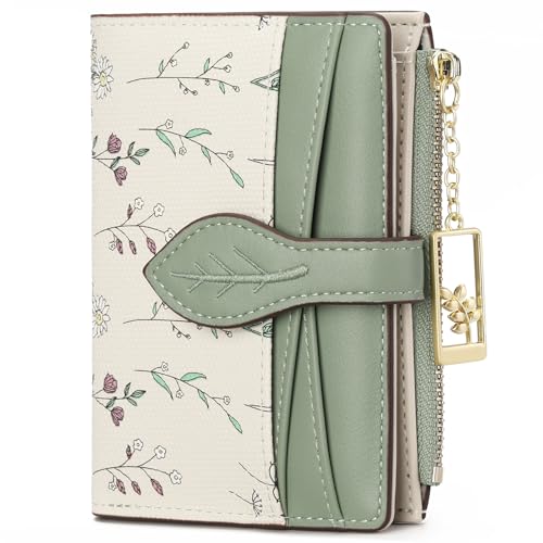 GAEKEAO Small Wallets for Women RFID Blocking Bifold Floral Vegan Leather Wallet Card Holder with Zipper Pocket ID Window - color: A01-Green