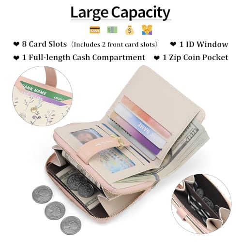 GAEKEAO Small Wallets Woman RFID Blocking Vegan Leather Bifold Floral Ladies Purse Card Holder with Zipper Pocket ID Window - color: Z-Pink
