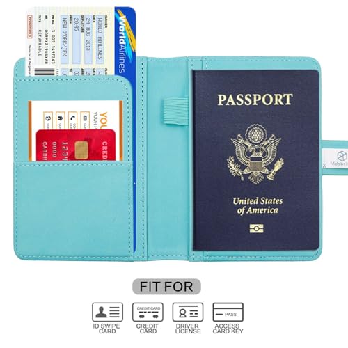 Melsbrinna Premium Leather Passport Holder Covers Case, Waterproof Rfid Blocking Travel Wallet Passport Holder with Pen Holder, Cute Passport Book for Women/Men - color: AW-Lake Blue