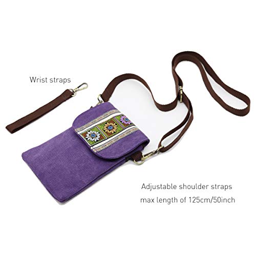 SILKAREA Vintage Embroidered Canvas Flip Small Crossbody Bag Cell Phone Pouch for Women Wristlet Wallet Bag Coin Purse - color: Purple