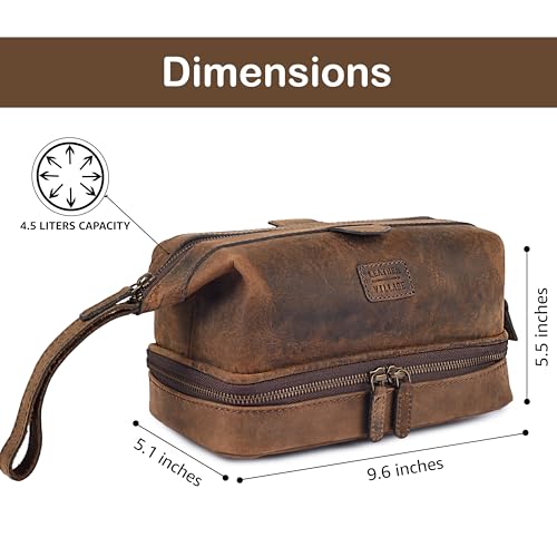 LEATHER VILLAGE Leather Toiletry Bag for Men, Travel Dopp Kit Shaving Bag | Full grain buffalo leather, two zip compartments, 9.6x5.5x5.1 in, YKK zippers, water-resistant lining, shaving kit- Brown - color: Rustic Brown
