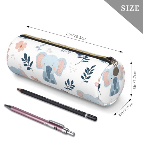 OSAM SPACE Leather Pencil Case Round Pencil Bag Cute Elephant Flowers Pen Organizer Holder Portable Zipper Pouch Cute School Supplies for Girls Boys Study Office - color: Cute Elephant Flowers