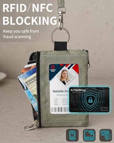 Artpaxy Minimalist Wallet For Mens Womens, Keychain RFID Blocking Zipper Small Wallet with ID Window 2 Lanyards,Water Resistant Travel Cash Card Coin Case Boys Girls - color: Army green+Light gray green