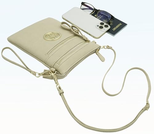 Small Multi Zipper Pockets Crossbody Bag with Detachable Wristlet - color: Nude