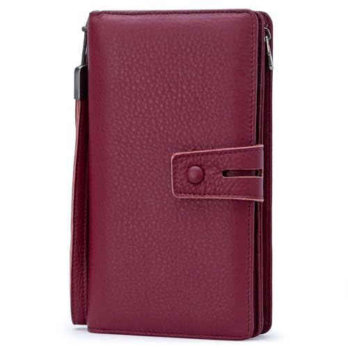 Bveyzi Women's Big Fat Rfid Leather Wristlet Wallet Organizer Large Phone Checkbook Holder with Zipper Pocket (Wine Red) - color: Wine Red
