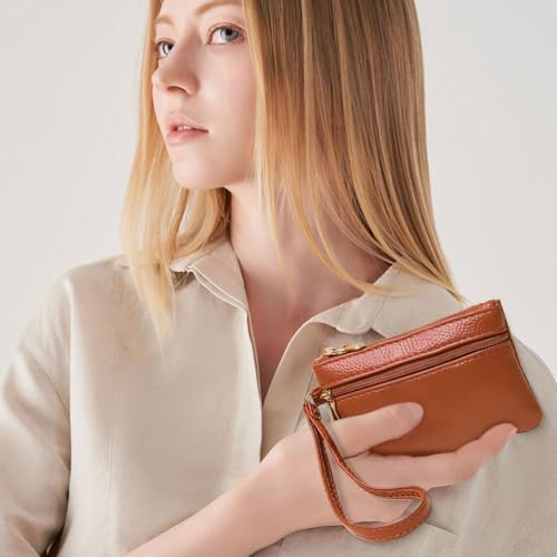 PU Leather Wristlet Coin Pouch Holder Slim Wrist Strap Change Purse Double Layer Keychain Wallet with Zipper Portable Leather Cash Organizer Case for Men Women Travel Credit Card(Brown) - color: Brown