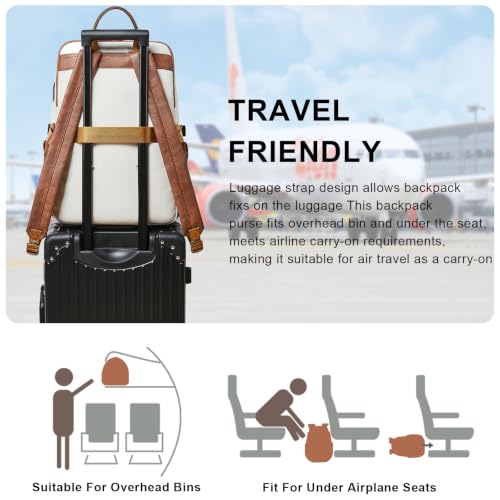 Leather Laptop Backpack for Women Fits 17" Laptop, with RFID Wristlet Purse - color: Beige