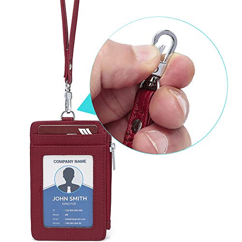 ID Badge Holder with Neck Lanyard PU Leather ID Badge Wallet Case with 1 ID Window, 4 Card Slots, 1 Side Zipper Pocket (Red) - color: Red