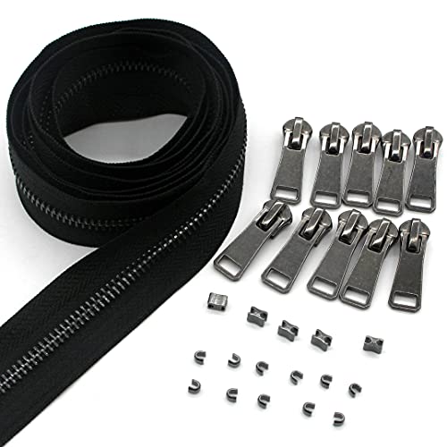#5 Metal Zippers by The Yard Bulk 2 Yards Black Tape with 10 pcs Sliders Black Nickel Teeth Handmade Zipper for Sewing Craft Bag Backpack, Wallets, Purses Leekayer - color: Black nickel