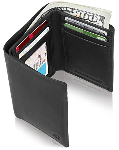 Trifold Wallets for Men - Slim RFID Blocking Wallet for Securing Personal Data - Front Pocket Friendly Genuine Leather Wallet - Mens Wallets Trifold with ID Window - Tri Fold Wallet Gifts for Men - color: Crazyhorse Black