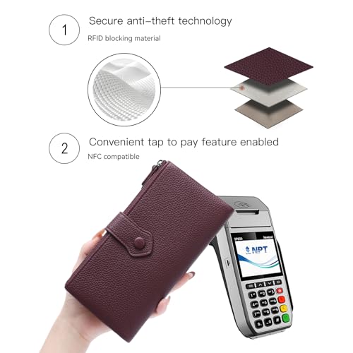 Women Soft Leather Wallets Slim Bifold RFID Blocking Ladies Credit Card Holder Double Zipper Pockets - color: B03 Wine Red