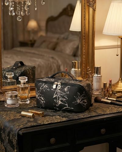 EACHY Travel Makeup Bag, Floral Cosmetic Bag for Women, Black, Medium - color: AH-Black, size: Medium