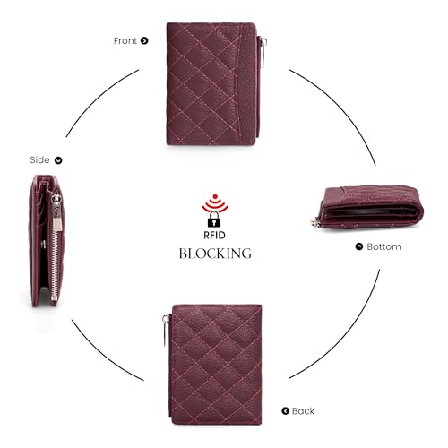 befen Real Leather Small RFID Blocking Wallet for Women with Credit Card Holder Zipper Coin Pocket Key Chain Wallets - Burgundy Red - color: Burgundy Red